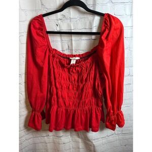 H&M Smocked Peplum Top Square Neck Long Sleeve Red Blouse XL‎